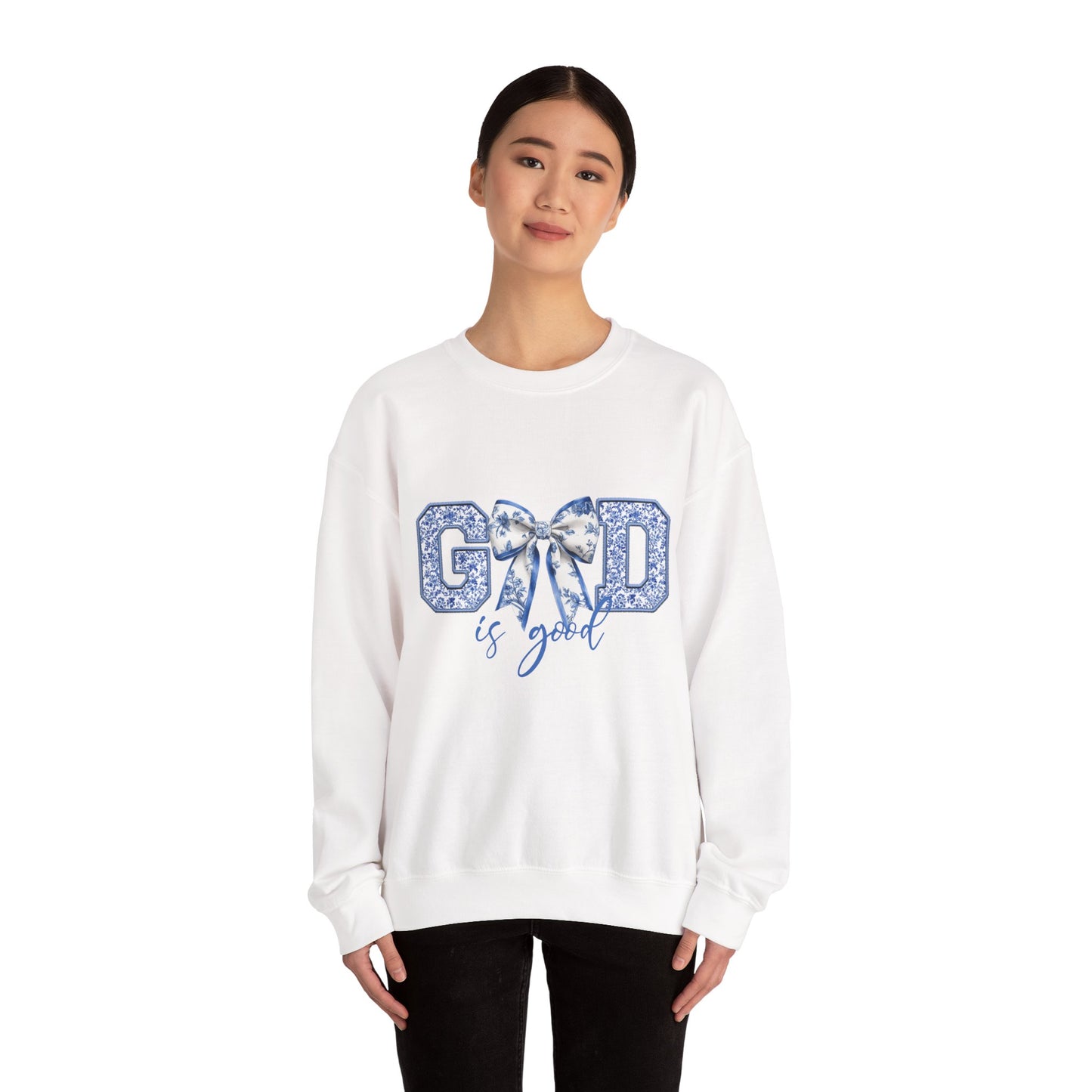 God Is Good Crewneck Sweatshirt — Blue Floral Bow Christian Pullover