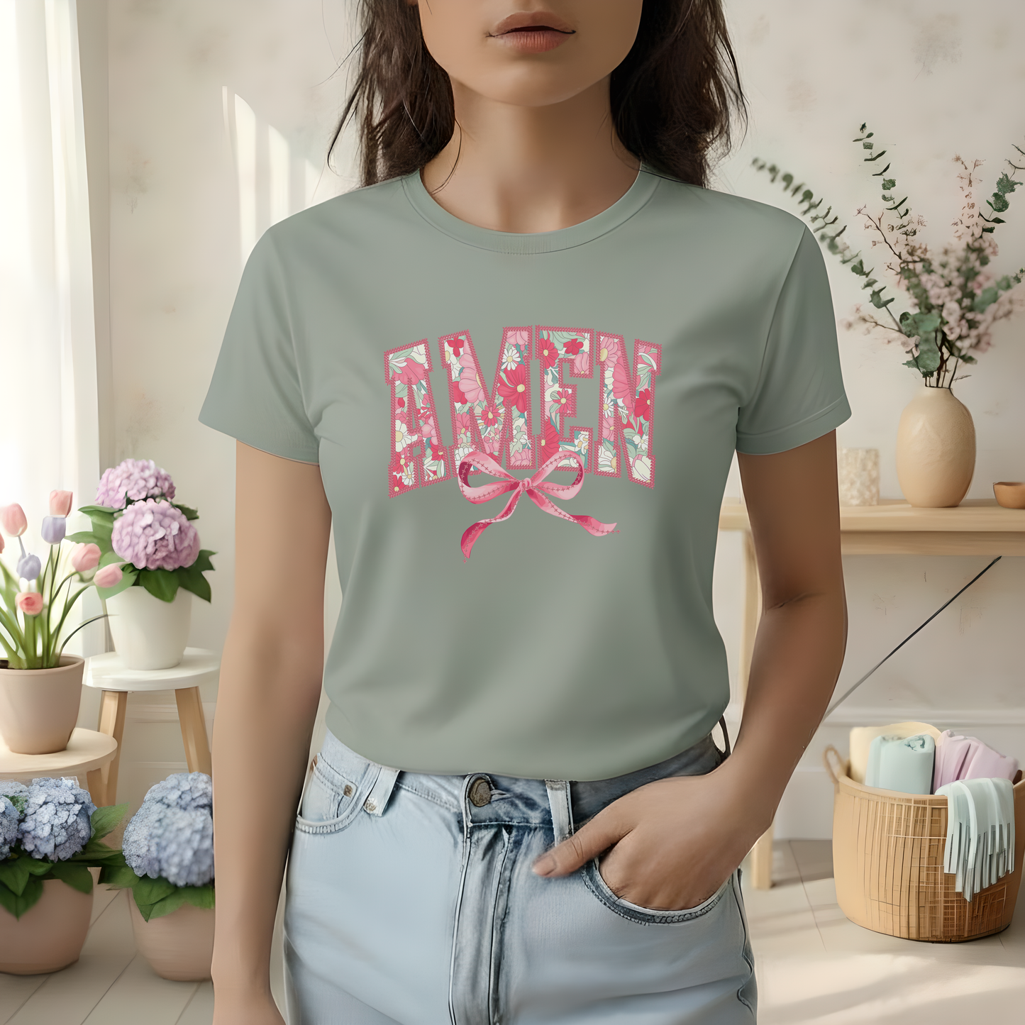 Amen Floral Bow T-Shirt — Pastel Green Graphic Tee