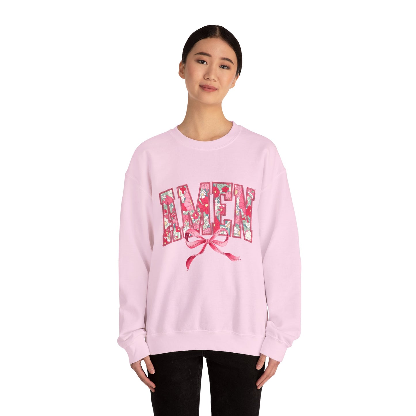 Amen Floral Crewneck Sweatshirt — Pink Ribbon Faith Pullover
