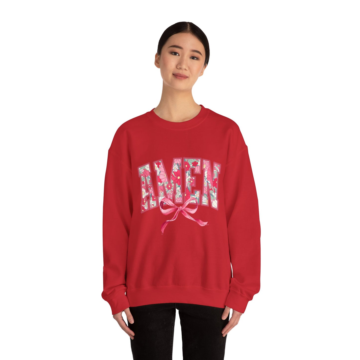 Amen Floral Crewneck Sweatshirt — Pink Ribbon Faith Pullover
