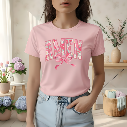 Amen Floral Bow T-Shirt — Pastel Green Graphic Tee
