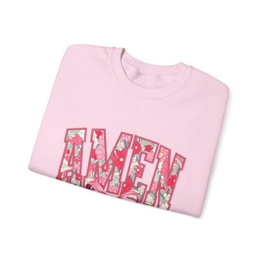 Amen Floral Crewneck Sweatshirt — Pink Ribbon Faith Pullover